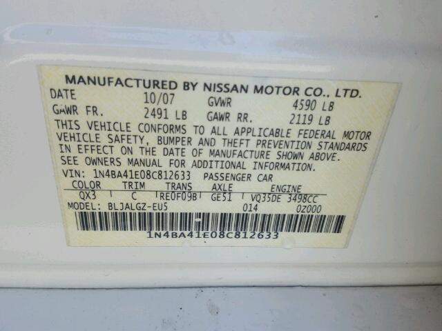 1N4BA41E08C812633 - 2008 NISSAN MAXIMA SE WHITE photo 10