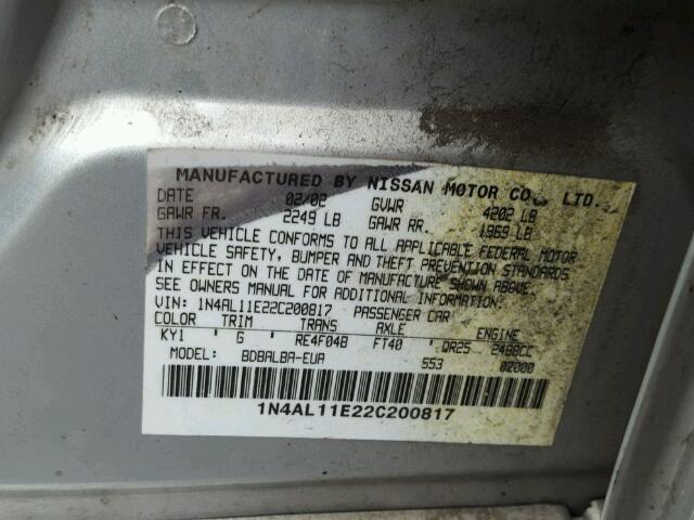 1N4AL11E22C200817 - 2002 NISSAN ALTIMA BAS SILVER photo 10