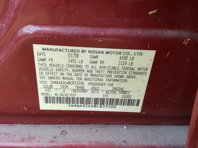 1N4BA41EX8C833506 - 2008 NISSAN MAXIMA SE RED photo 10