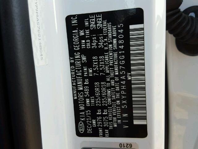 5XYPH4A57GG148045 - 2016 KIA SORENTO EX WHITE photo 10