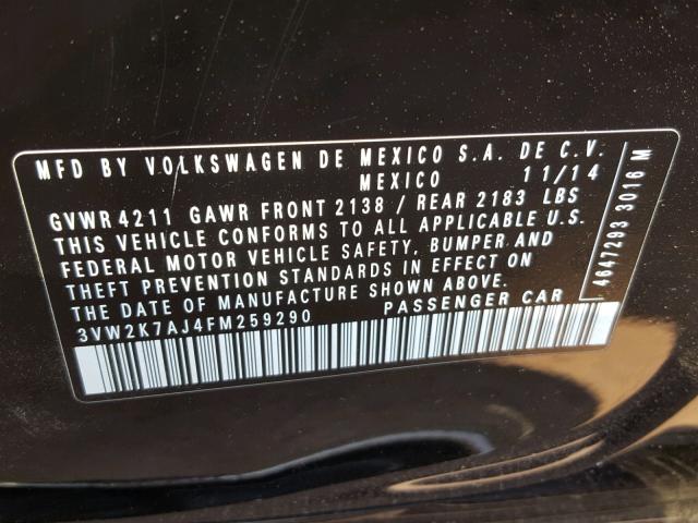 3VW2K7AJ4FM259290 - 2015 VOLKSWAGEN JETTA BASE BLACK photo 10