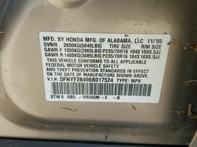 5FNYF28496B017524 - 2006 HONDA PILOT GOLD photo 10