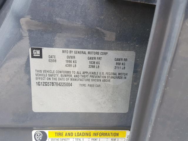 1G1ZG57B784225004 - 2008 CHEVROLET MALIBU LS ნაცრისფერი ფოტო 10