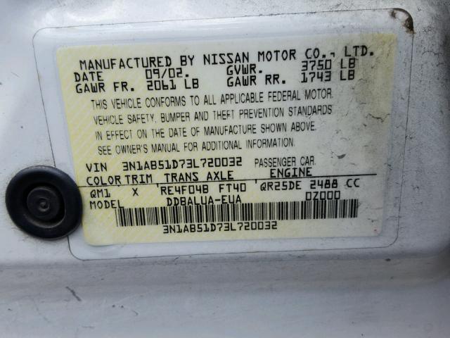 3N1AB51D73L720032 - 2003 NISSAN SENTRA SE- WHITE photo 10