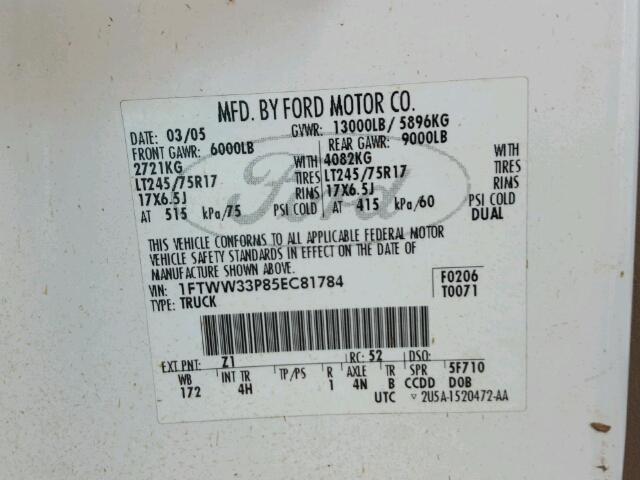 1FTWW33P85EC81784 - 2005 FORD F350 WHITE photo 10
