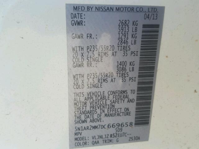 5N1AR2MM7DC669658 - 2013 NISSAN PATHFINDER WHITE photo 10