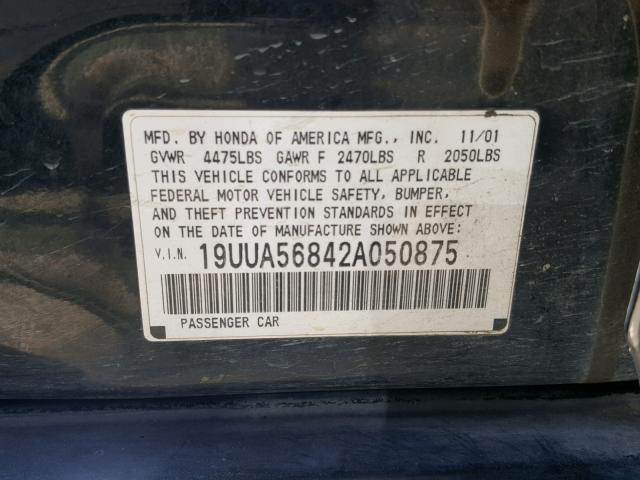 19UUA56842A050875 - 2002 ACURA 3.2TL TYPE BLACK photo 10