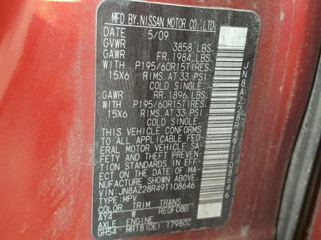 JN8AZ28R49T108646 - 2009 NISSAN CUBE BASE RED photo 10