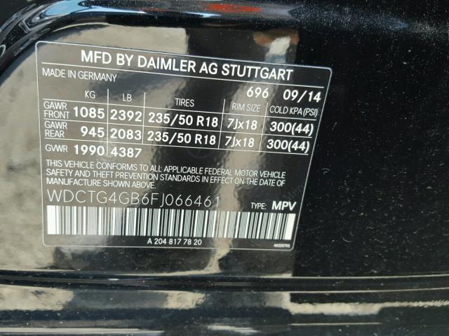 WDCTG4GB6FJ066461 - 2015 MERCEDES-BENZ GLA 250 4M BLACK photo 10