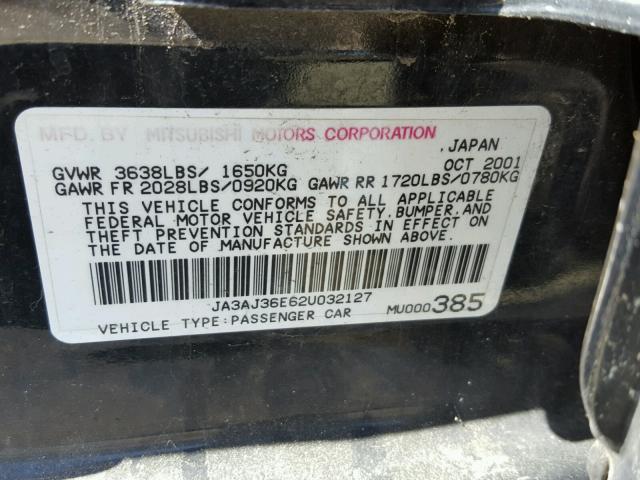 JA3AJ36E62U032127 - 2002 MITSUBISHI LANCER LS BLACK photo 10