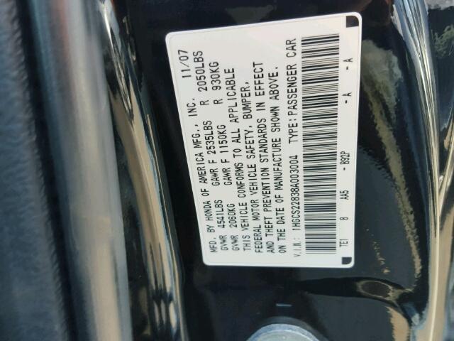 1HGCS22838A003004 - 2008 HONDA ACCORD BLACK photo 10