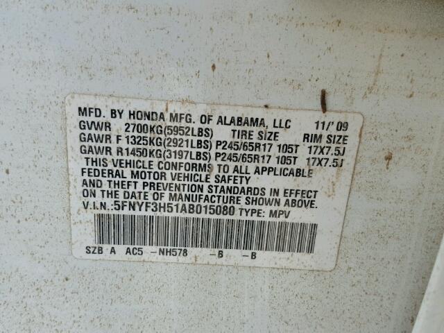 5FNYF3H51AB015080 - 2010 HONDA PILOT WHITE photo 10