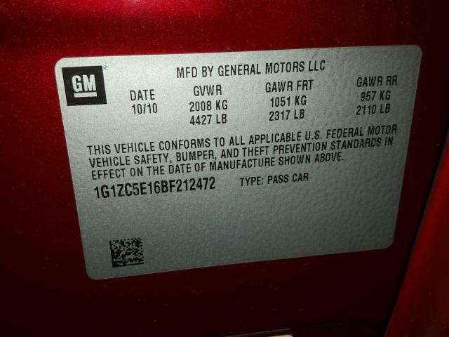 1G1ZC5E16BF212472 - 2011 CHEVROLET MALIBU 1LT მუქწითელი ფოტო 10