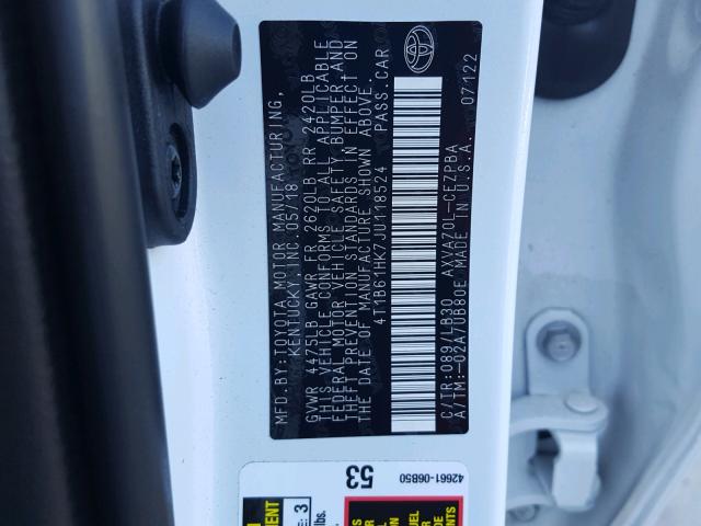 4T1B61HK7JU118524 - 2018 TOYOTA CAMRY XSE WHITE photo 10