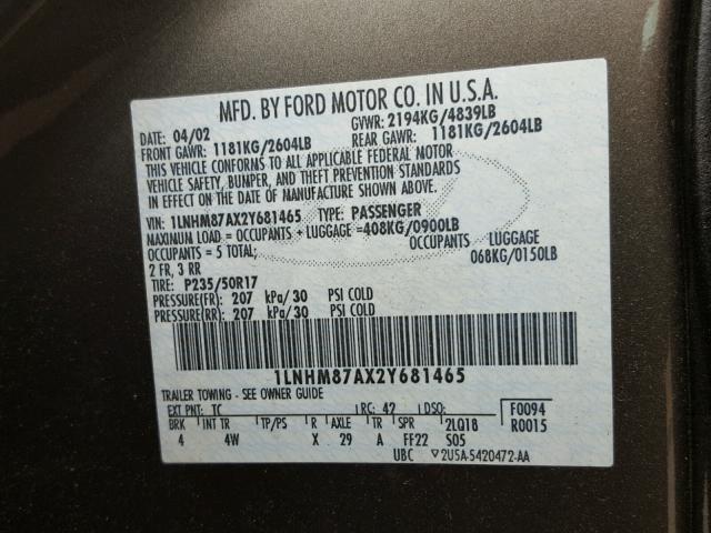 1LNHM87AX2Y681465 - 2002 LINCOLN LS 灰色 照片 10