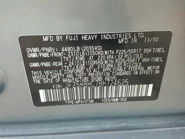 JF2SHBHC7BH724625 - 2011 SUBARU FORESTER BLUE photo 10