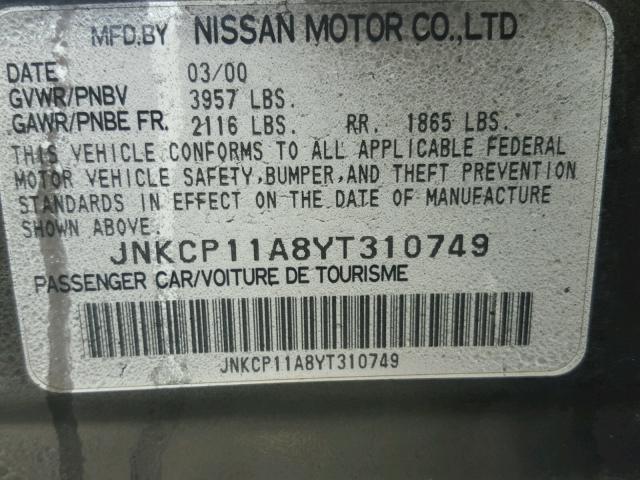 JNKCP11A8YT310749 - 2000 INFINITI G20 GRAY photo 10