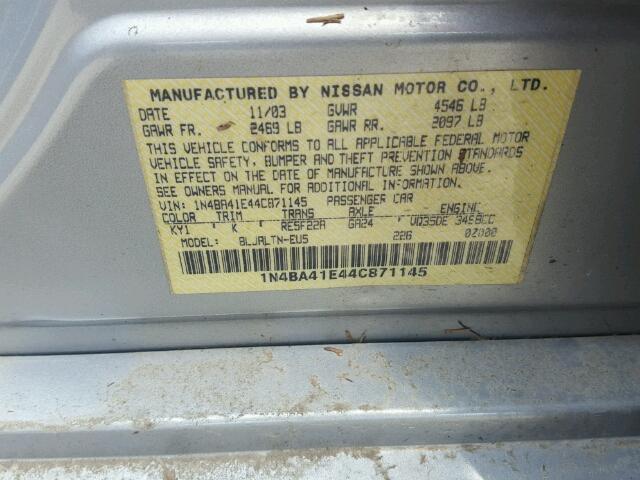 1N4BA41E44C871145 - 2004 NISSAN MAXIMA SILVER photo 10