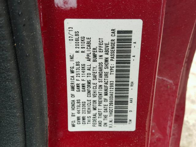 1HGCT2B80DA012993 - 2013 HONDA ACCORD EXL RED photo 10