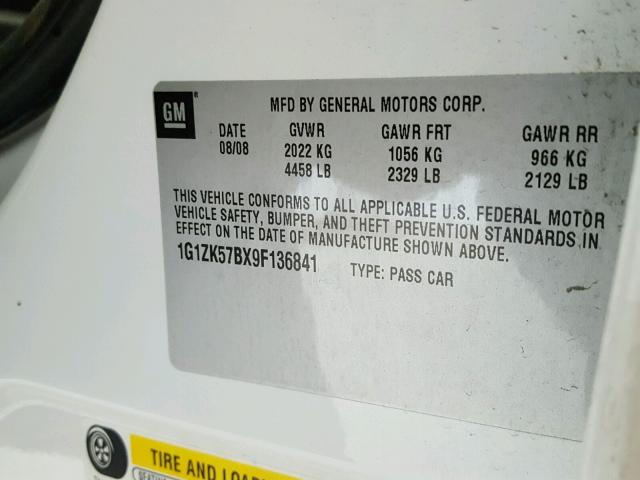 1G1ZK57BX9F136841 - 2009 CHEVROLET MALIBU LTZ 白色 照片 10