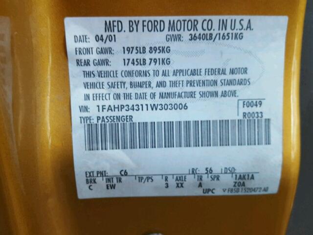 1FAHP34311W303006 - 2001 FORD FOCUS GOLD photo 10