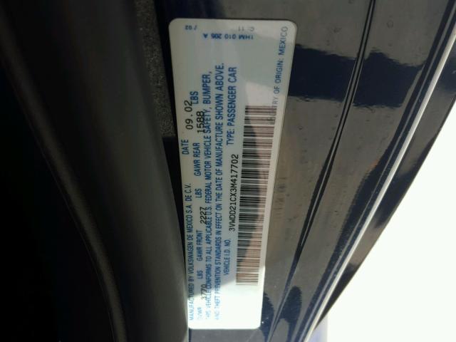 3VWDD21CX3M417702 - 2003 VOLKSWAGEN NEW BEETLE ლურჯი ფოტო 10