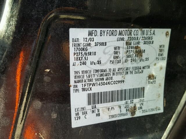 1FTPW14504KC02999 - 2004 FORD F150 SUPER BLACK photo 10