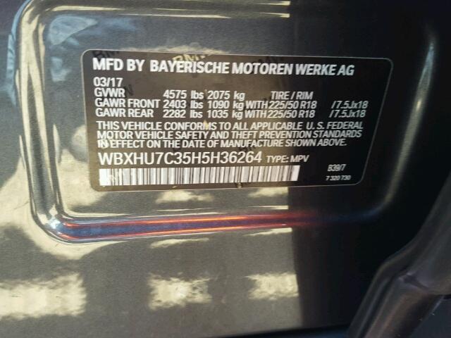 WBXHU7C35H5H36264 - 2017 BMW X1 GRAY photo 10