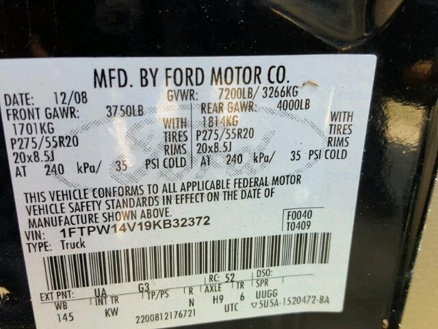 1FTPW14V19KB32372 - 2009 FORD F150 BLACK photo 10