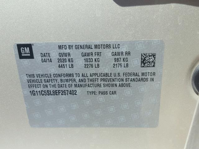 1G11C5SL8EF267402 - 2014 CHEVROLET MALIBU 1LT SILVER photo 10