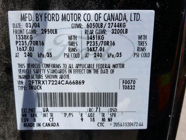 2FTRX17224CA66869 - 2004 FORD F-150 HERI BLACK photo 10