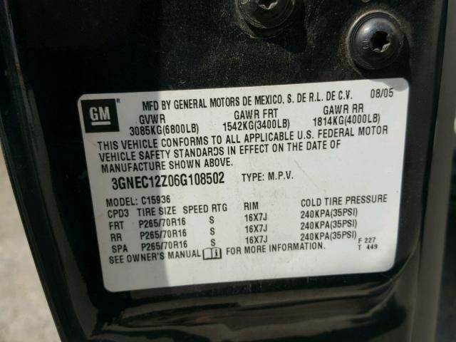 3GNEC12Z06G108502 - 2006 CHEVROLET AVALANCHE BLACK photo 10