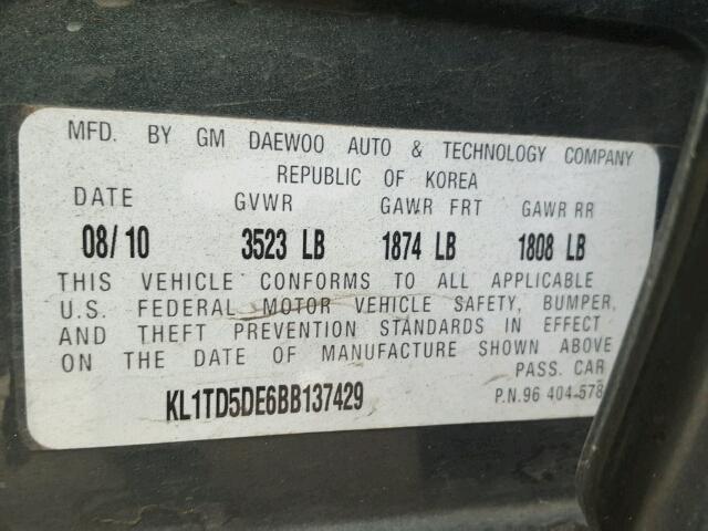 KL1TD5DE6BB137429 - 2011 CHEVROLET AVEO LS GREEN photo 10