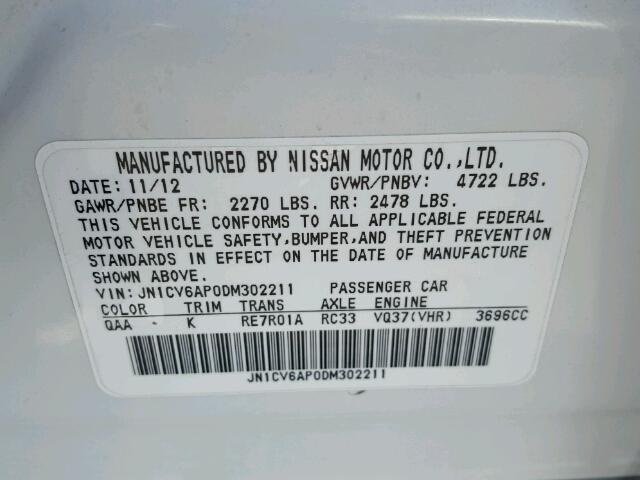 JN1CV6AP0DM302211 - 2013 INFINITI G37 BASE WHITE photo 10