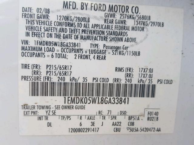 1FMDK05W18GA33841 - 2008 FORD TAURUS X S WHITE photo 10