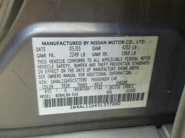 1N4AL11D45C377090 - 2005 NISSAN ALTIMA S TAN photo 10