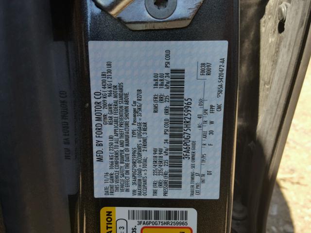 3FA6P0G75HR259965 - 2017 FORD FUSION S CHARCOAL photo 10