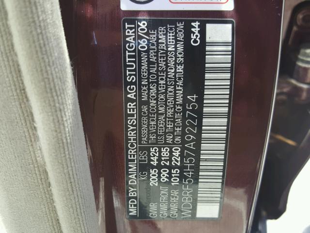 WDBRF54H57A922754 - 2007 MERCEDES-BENZ C 280 MAROON photo 10