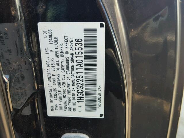 1HGCG22511A015536 - 2001 HONDA ACCORD EX BLACK photo 10