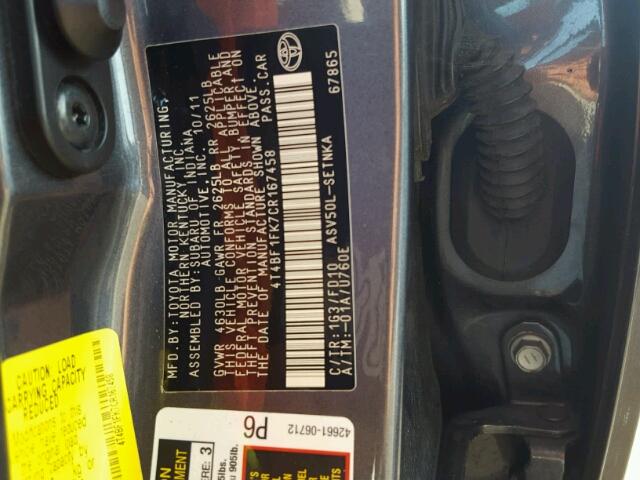 4T4BF1FK7CR167458 - 2012 TOYOTA CAMRY BASE GRAY photo 10