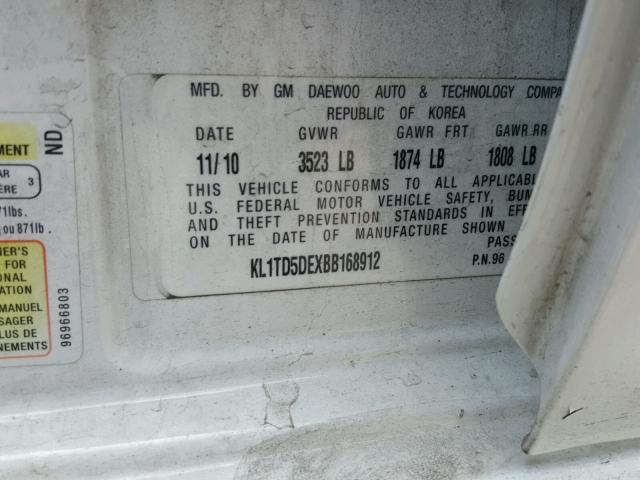 KL1TD5DEXBB168912 - 2011 CHEVROLET AVEO LS WHITE photo 10