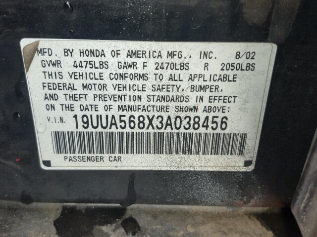 19UUA568X3A038456 - 2003 ACURA 3.2 TL TYP GRAY photo 10