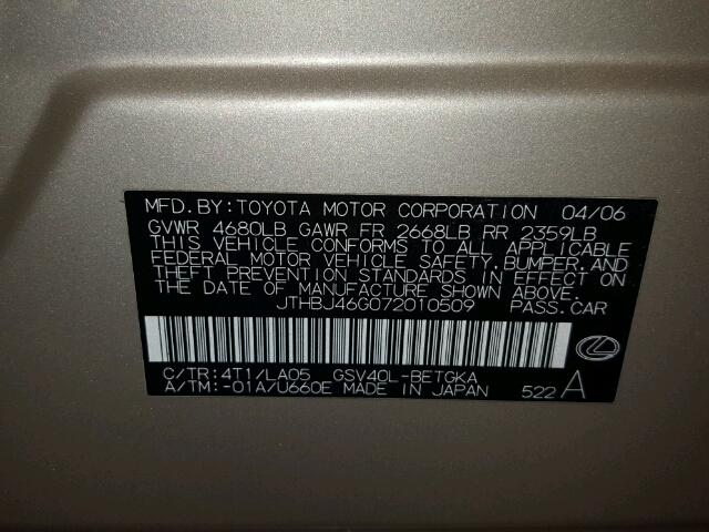 JTHBJ46G072010509 - 2007 LEXUS ES 350 GOLD photo 10