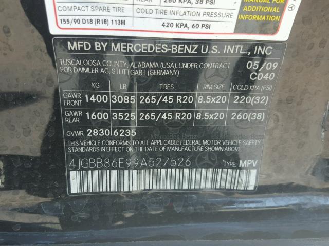 4JGBB86E99A527526 - 2009 MERCEDES-BENZ ML 350 BLACK photo 10