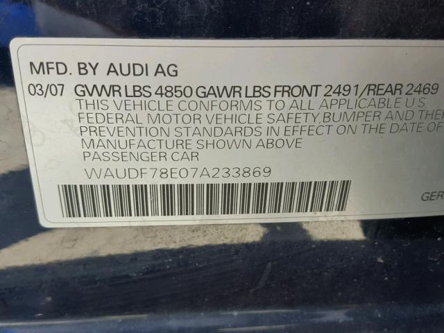 WAUDF78E07A233869 - 2007 AUDI A4 2.0T QU BLUE photo 10