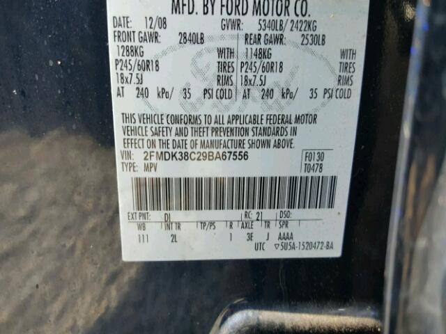 2FMDK38C29BA67556 - 2009 FORD EDGE SEL BLACK photo 10