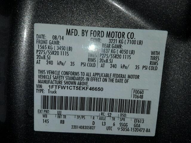 1FTFW1CT5EKF46650 - 2014 FORD F150 SUPER GRAY photo 10