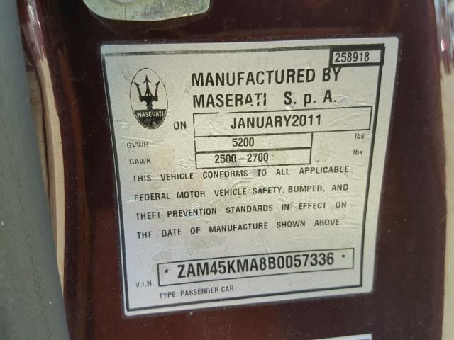 ZAM45KMA8B0057336 - 2011 MASERATI GRANTURISM BURGUNDY photo 10