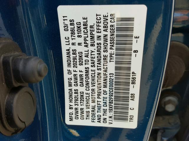 19XFB2F92CE000213 - 2012 HONDA CIVIC EXL 蓝色 照片 10