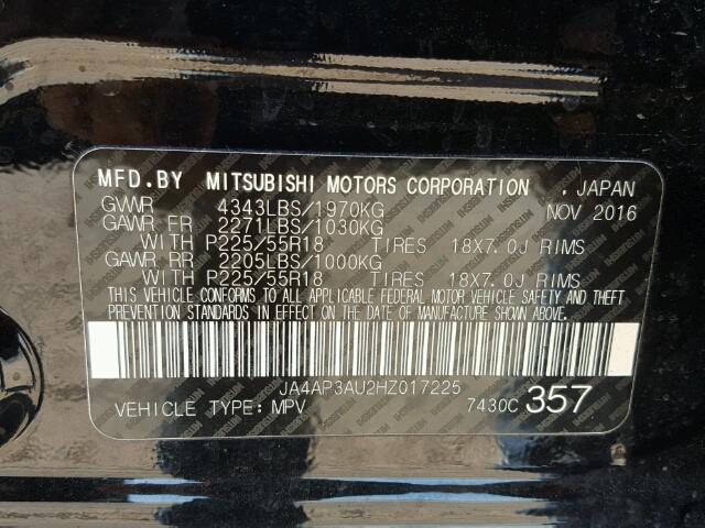 JA4AP3AU2HZ017225 - 2017 MITSUBISHI OUTLANDER BLACK photo 10